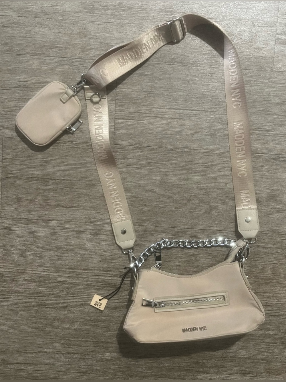 Madden NYC Beige Crossbody Bag with Logo Webbing Strap